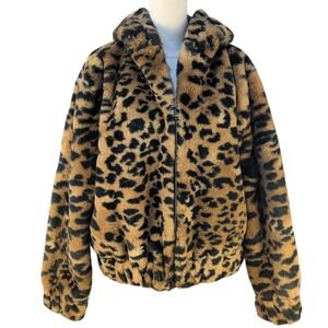 Wild Fable Women's Leopard Print Fuzzy Faux Fur Zip Up Jacket Medium Hooded Ears